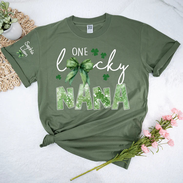 One Lucky Nana Shirt for St Patrick’s Day, Personalized Grandma Shamrock Clover T Shirt with Kids Names - Unisex T-shirt