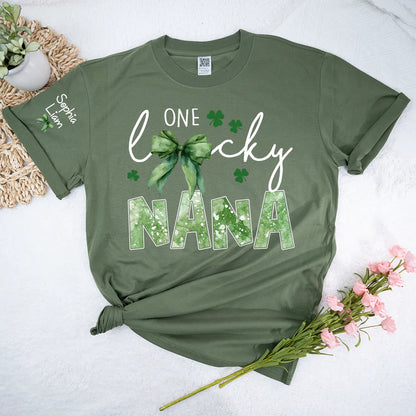 One Lucky Nana Shirt for St Patrick’s Day, Personalized Grandma Shamrock Clover T Shirt with Kids Names - Unisex T-shirt