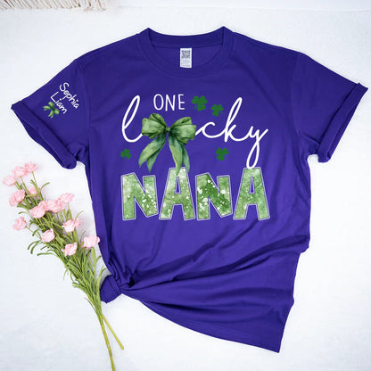 One Lucky Nana Shirt for St Patrick’s Day, Personalized Grandma Shamrock Clover T Shirt with Kids Names - Unisex T-shirt