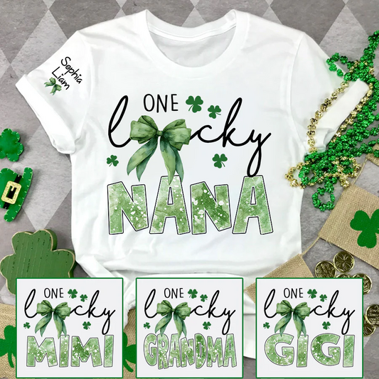 One Lucky Nana Shirt for St Patrick’s Day, Personalized Grandma Shamrock Clover T Shirt with Kids Names