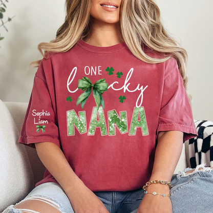 One Lucky Nana Shirt for St Patrick’s Day, Personalized Grandma Shamrock Clover T Shirt with Kids Names - Unisex T-shirt