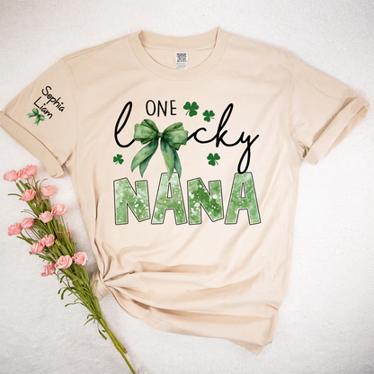 One Lucky Nana Shirt for St Patrick’s Day, Personalized Grandma Shamrock Clover T Shirt with Kids Names - Unisex T-shirt