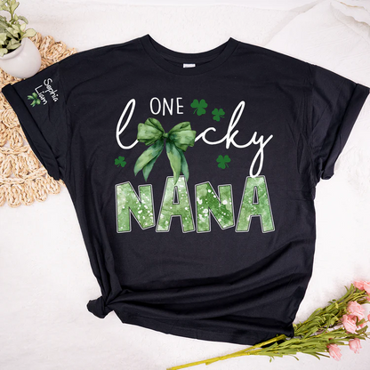 One Lucky Nana Shirt for St Patrick’s Day, Personalized Grandma Shamrock Clover T Shirt with Kids Names - Unisex T-shirt