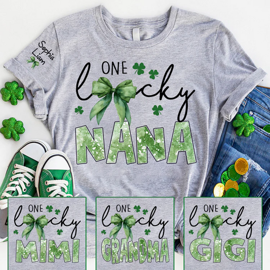 One Lucky Nana Shirt for St Patrick’s Day, Personalized Grandma Shamrock Clover T Shirt with Kids Names