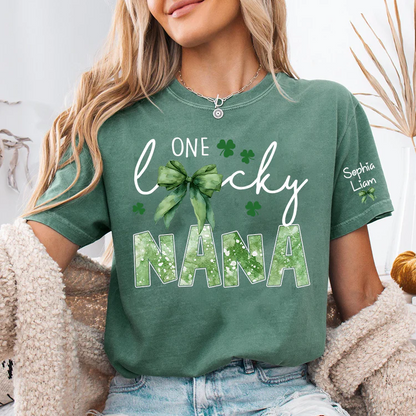 One Lucky Nana Shirt for St Patrick’s Day, Personalized Grandma Shamrock Clover T Shirt with Kids Names - Unisex T-shirt